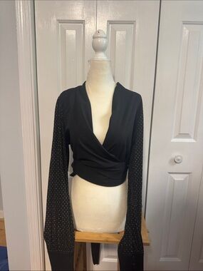 Unique Vintage Black Wrap Blouse with Sparkle Sleeves